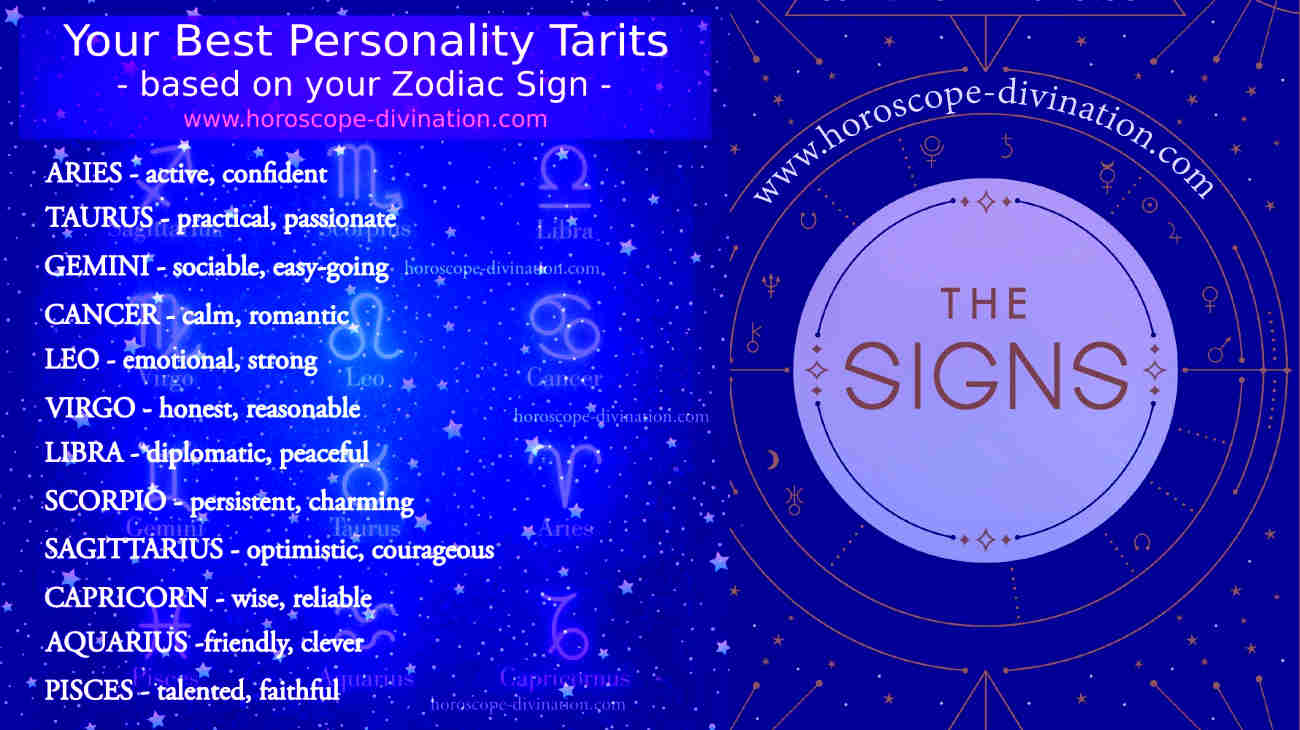 traits for Aries, Taurus, Gemini, Virgo, Leo, Cancer, Libra, Sagittarius, Scorpio, Capricorn, Aquarius, Pisces zodiac sign